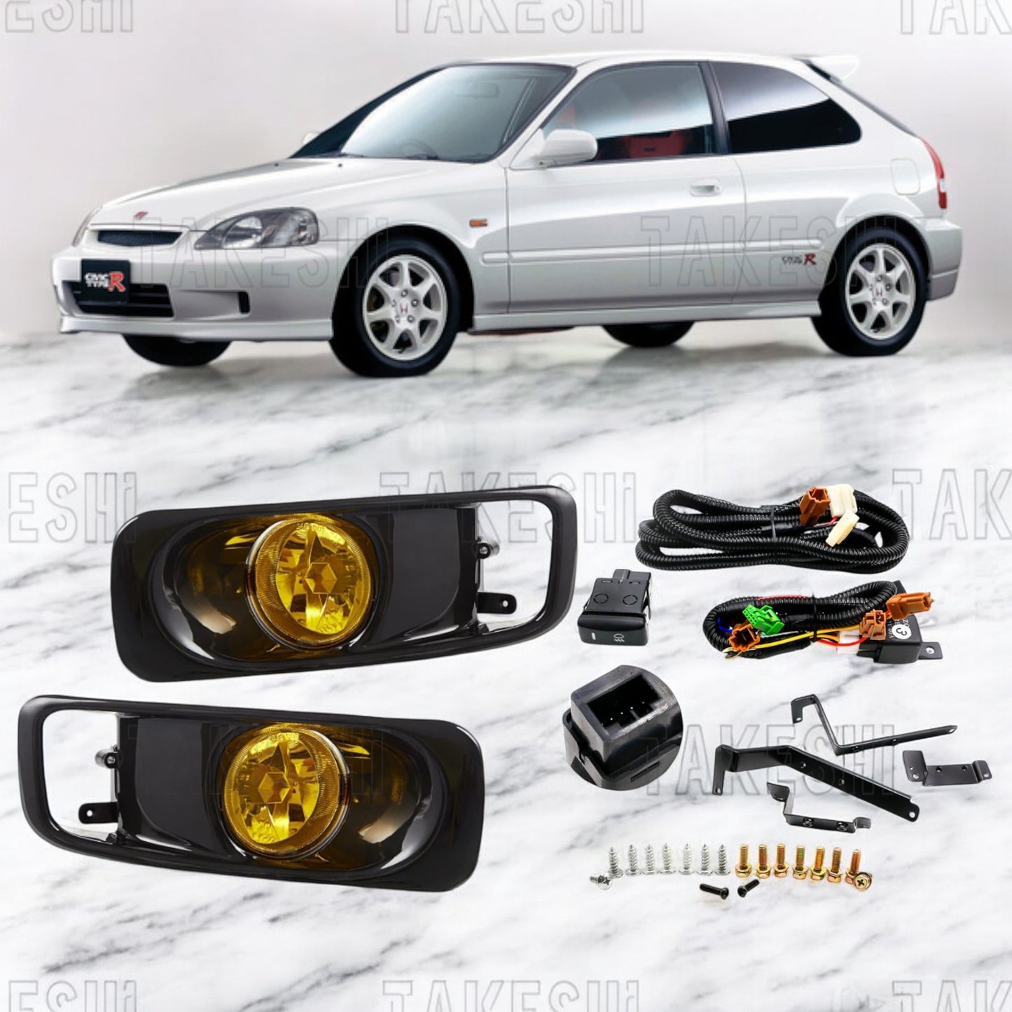 TAKESHI 武藤車藝｜99–00 HONDA CIVIC K8 原廠型霧燈套件｜後期保桿專用｜JDM 黃色玻璃｜含線組支架