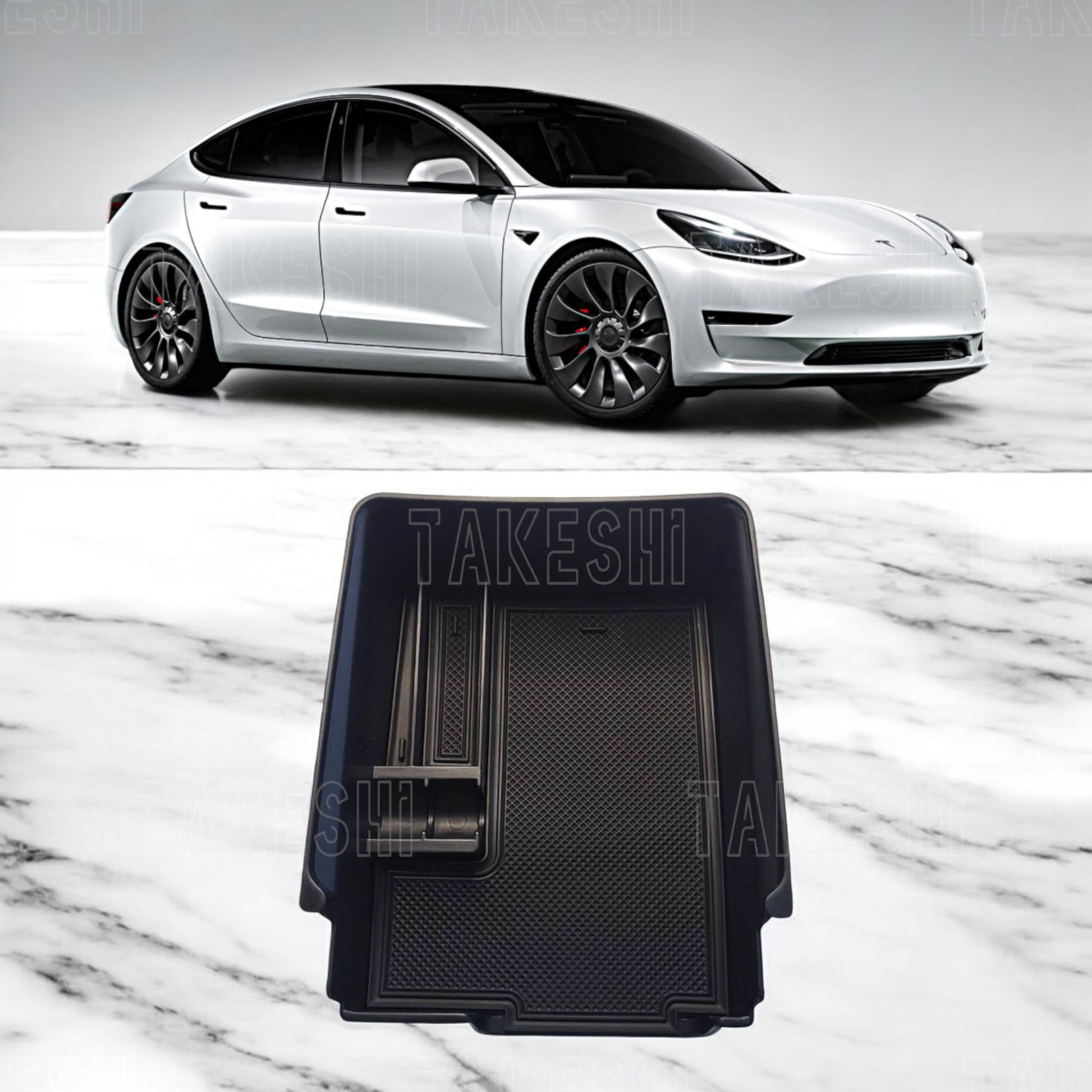 TAKESHI 武藤車藝｜21–23 TESLA Model 3 中央扶手收納盒｜專車專用｜雙層收納 含止滑墊