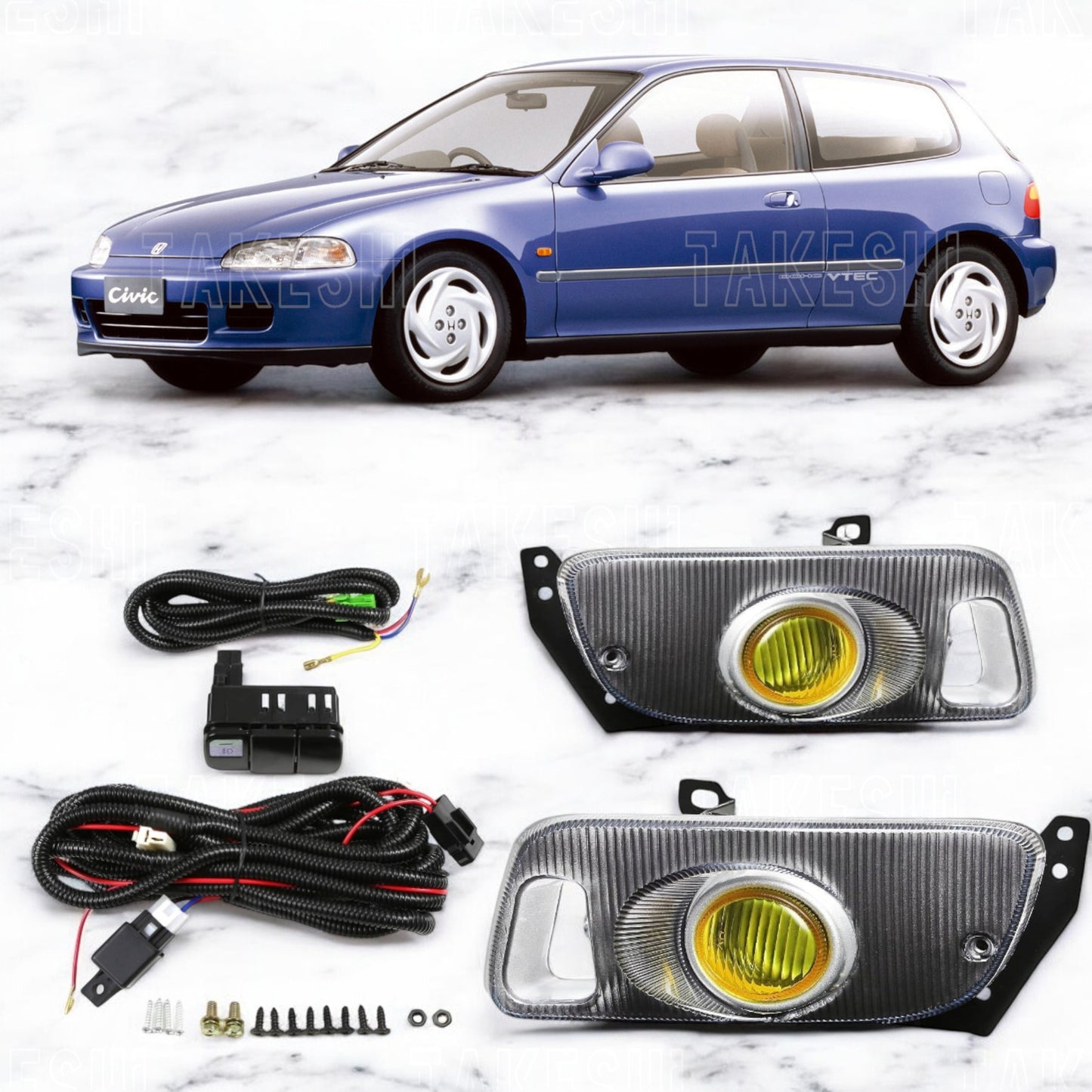 TAKESHI 武藤車藝｜92–95 HONDA CIVIC K6 雙門／三門 原廠型霧燈套件｜黃色玻璃｜JDM 復刻｜含線組支架直上