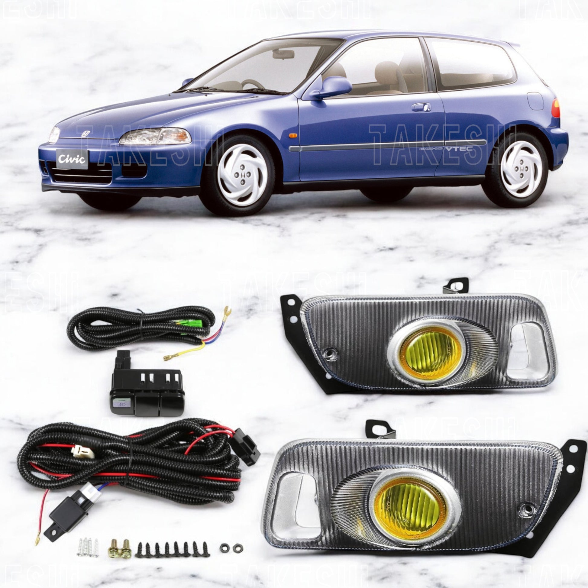 TAKESHI 武藤車藝｜92–95 HONDA CIVIC K6 雙門／三門 原廠型霧燈套件｜黃色玻璃｜JDM 復刻｜含線組支架直上